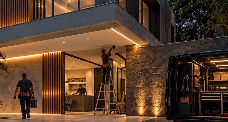 Equipe técnica atuando em ambiente residencial